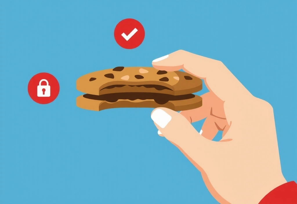 Ręka trzymająca ciasteko symbolizujące pliki cookie z ikonami prywatności