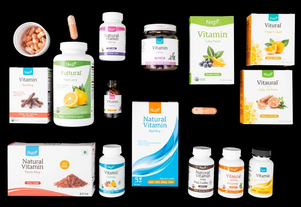 Różnorodność naturalnych witamin w kolorowych opakowaniach