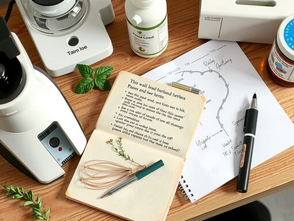 Stare notatki i szkice dotyczące roślin i ziół, leżące na drewnianym stole obok nowoczesnego sprzętu laboratoryjnego, symbolizujące połączenie tradycji z nauką