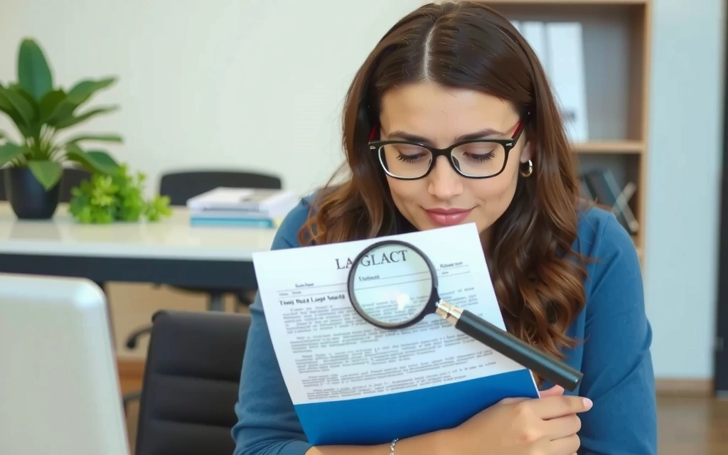 Osoba czytająca dokumenty prawne z lupą
